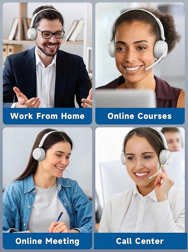 SEJJ Wireless Headset with Mic for Work, Bluetooth 5.4 Headphones with AI Noise-Canceling Mic for Clear Calls, Wireless Headsets with Mic Mute & USB A/C Dongle for PC, Computer, Laptop, White