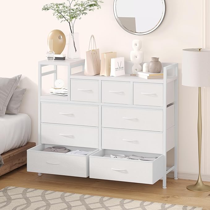 Jojoka 9 Drawer Dresser TV Stand with Charging Station,Modern Entertainment Center for Living Room & Bedroom with Power Outlets, Open Storage Shelves, White