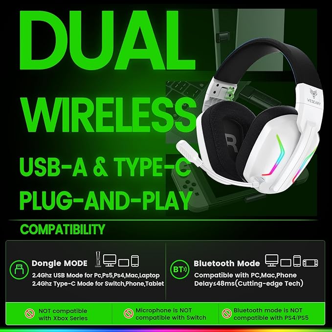 WESEARY Wireless Gaming Headset for PS5, PS4, PC, Laptop, Mac & Switch, Dual Low-Latency 2.4GHz USB/Type-C, Bluetooth Gaming Headphones with ENC Mic for Gamecube, 3D Stereo,Colorful Light, 50H Power