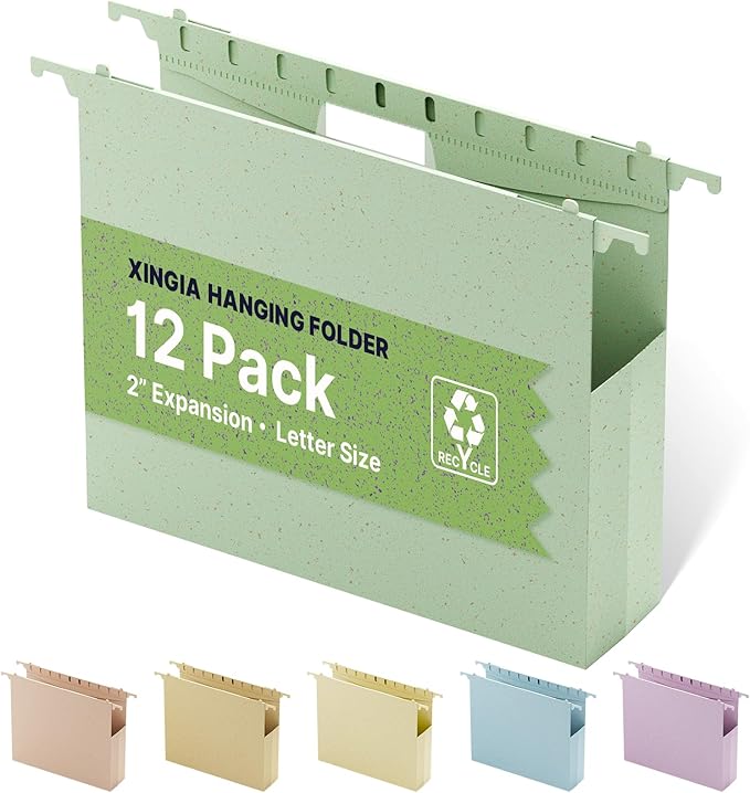 Wheat Straw Plastic Hanging File Folders Letter Size,Heavy Duty 2 Inch Expansion,12 Pack Extra Capacity Hang Folders for Filing Cabinet,File Organizer with Insertable Tabs(Morandi Green)