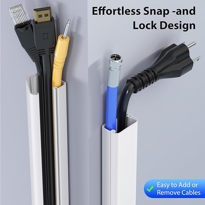 ZhiYo Large Capacity Wire Hiders for TV on Wall, 63in (4xL15.8in) PVC Cable Cover, Snap and Lock Design, White Cord Covers for Wires on Wall