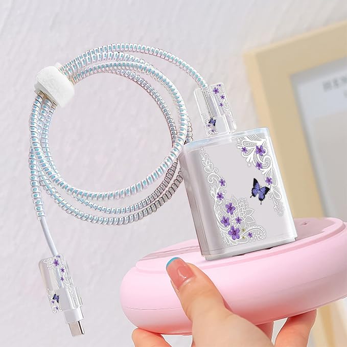 CameCosy Cute DIY Protectors Cable Protector for iPhone Charger,Elegant White Lace Pattern,Data Cable USB Charger Data Line Earphone Wire Saver for iPhone X 13 12 11 Pro Max