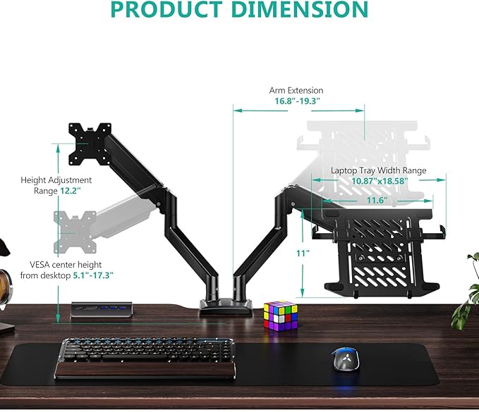 WALI Laptop Mount for Desk, Monitor Arm Mount for 17"-32”Computer Screen and 11.6" - 17.3" Notebook,Dual Monitor Mount Holds up to 19.8lbs, Laptop Tray Stand with Gas Spring Arm (GSMP002LP), Black