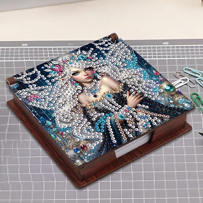 Wooden DIY Fairy Beauty Diamond Art Notecard Box – DIY Gem Art Sticky Note Holder for Adults 160 Sheets Memo Pad Storage