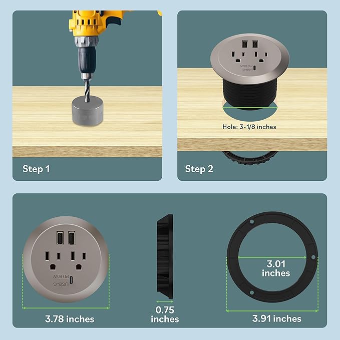 TOPGREENER Desktop Power Grommet with 65W PD for MacBook, GaN Desk Grommet with 1 Fast Charging USB-C Port, 2 USB-A Ports and Duplex Receptacles, TTRP48APD60-NK, Nickel