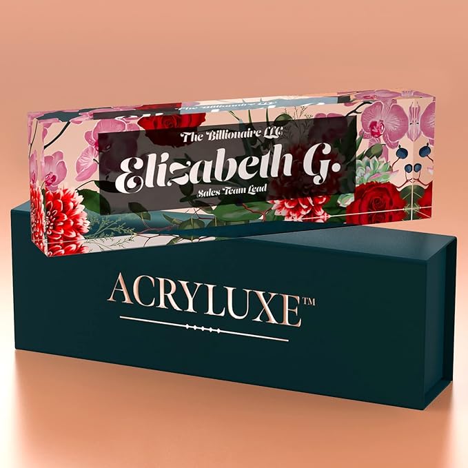 Desk Name Plate Personalized, Custom Name Plates, 2½/x8 Inches, Thick Crystal-Clear Acrylic, Gift Box, Office Desk Decor. USA Made by ACRYLUXE (Spring)