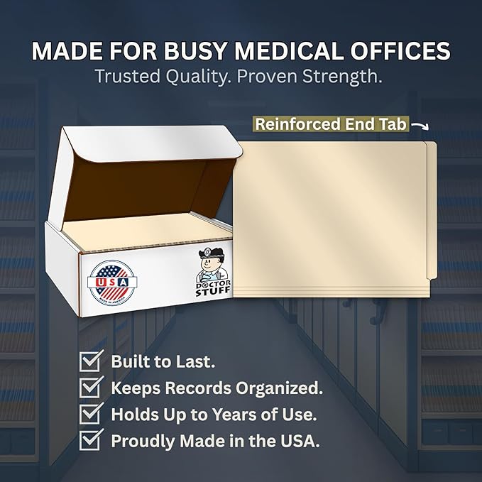 End Tab File Folders for Patient Charts, Doctor Stuff, 11pt Manila with Fastener in Position 1, Letter Size, USA Made, Box of 50