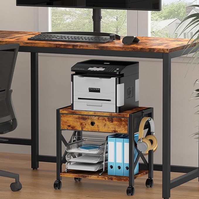 EasyCom 2-Tier Desktop Printer Stand with Large Drawer, Under Desk Storage with Wheels, Small Shelf with Storage for Paper Storage Printer Scanner Fax Home Office Use Rustic Brown