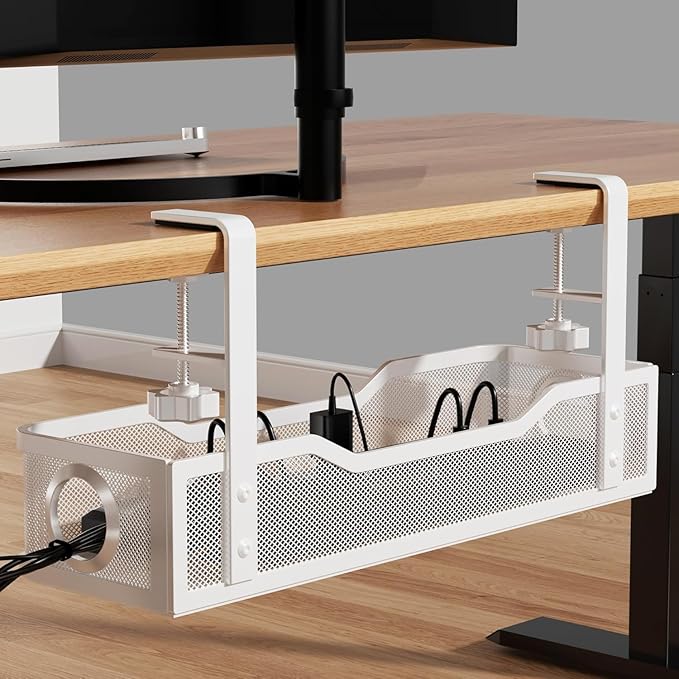 [Upgraded] Under Desk Cable Management Large, Cinati 16" Cable Management Box for Table Thickness up to 3", Wire Cord Organizer with Clamp No Drill, No Damage to Desk (White)