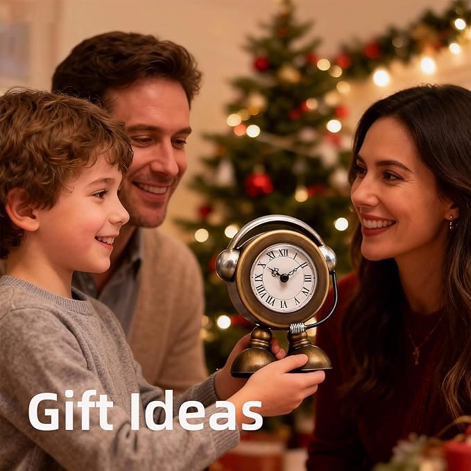 YOUKI Vintage Robot Table Clock on Stand, Decorative Desk and Shelf Clock, Rustic Mantel Farmhouse Silent Non-Ticking,Battery Operated Table Top for Living Room,Musical Gift,Metal