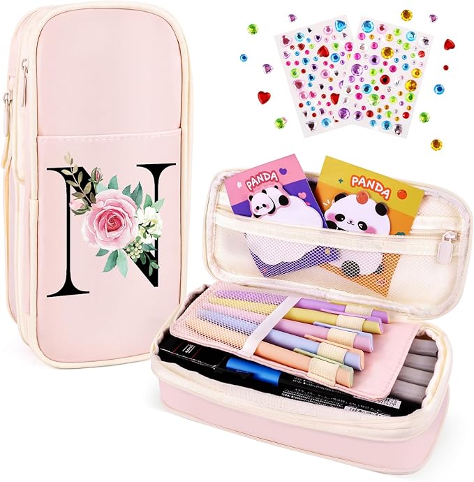 Preppy Pencil Case for Girls, Cute Large Pencil Pouch, Personalized Initial Pencil Bag with Zipper for School College Office Supplies, Back to School Supplies Gifts for Teen Girls (N, Pink)