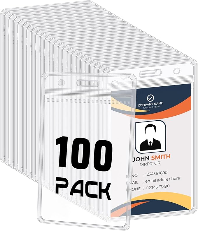 100 Pack Vertical ID Card Badge Holder Clear Plastic Sealable Waterproof Zip Name Tag for Work Office Nurse School