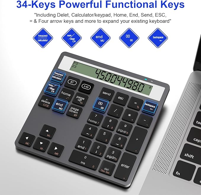 2 in 1 Bluetooth Number Pad with Display Calculator - Wireless Number Pad Portable 2.4G for Laptop/PC, 34 Key Quiet Numeric Keypad Compatible with Windows/Mac/iOS/Android/Linux - (Accounting/Office)