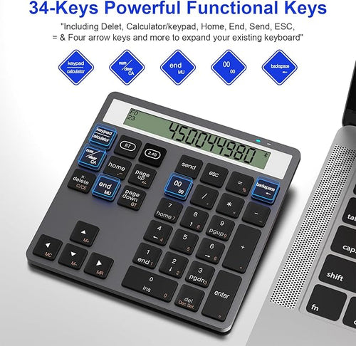 2 in 1 Bluetooth Number Pad with Display Calculator - Wireless Number Pad Portable 2.4G for Laptop/PC, 34 Key Quiet Numeric Keypad Compatible with Windows/Mac/iOS/Android/Linux - (Accounting/Office)