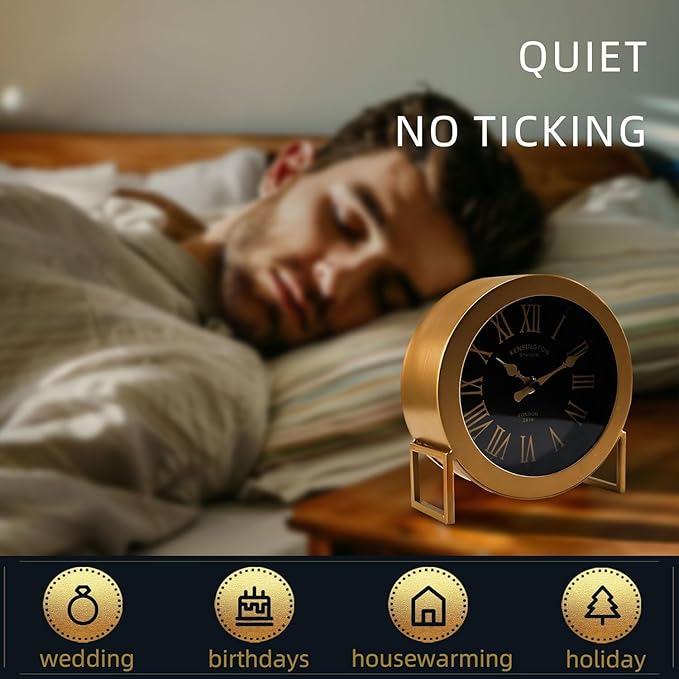 YOUKI Vintage Desk Clock, Small Gold Table Clock, Silent Non-Ticking Classic Battery Operated Decorative Mantel Desk Shelf Clock for Living Room Decor