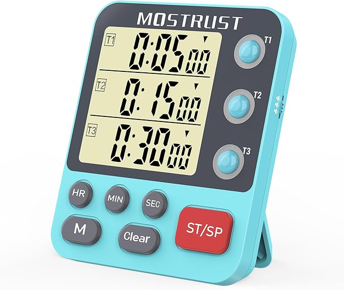 Digital Dual Kitchen Timer, 3 Channels Countdown Triple Timer for Cooking, Magnetic Memory-Preset Large-Display Adjustable Alarm Volume, Multi Times Management, 3A Battery Included, Blue