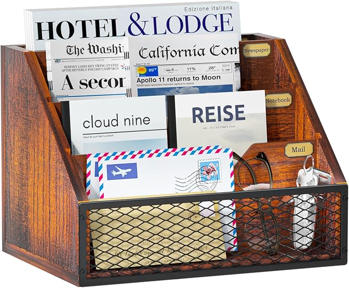 Mail Organizer Countertop,Wooden Mail Holder,4 Slot Letter Holder for Desktop,Vintage Desk Orgaizer for Fill,Bill (Brown)