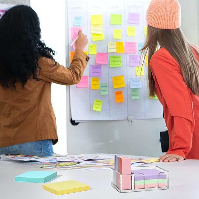 Sticky Note Holder with Pen Slot, Crystal Clear Acrylic Notepad Holder 3x3 in Self-Stick Note Dispenser Office Desk Accessories, Memo Pad Holder Organizer for Classroom School Supplies