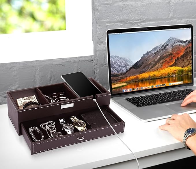 Baoyun Mens Valet Tray, Nightstand Organizers for Men, Leather Jewelry Storage Box Bedside Table Organizer EDC Catch All for Jewelry Key Wallet and Phone
