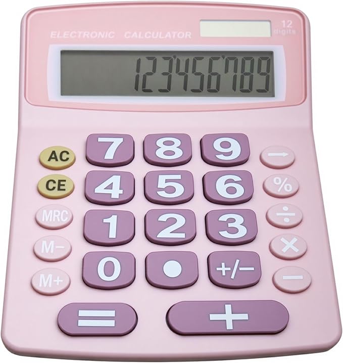 Lily' Home Jumbo 12 Digit with Solar Power, Large LCD Display - Desktop Calculator, Dual Power, Large Button Design, Battery Operation, Easy-to-Read Tilted, for Home, Office, School & Business - Pink