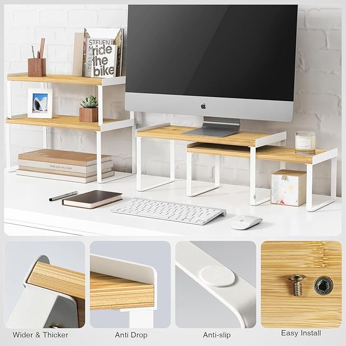 Kitchen Cabinet Organizer Shelf Set of 4, Large Stackable Pantry Cupboard Countertop Storage and Organizer, Desk Shelf Riser, Spice Plate Cup Expandable Storage Rack (Bamboo White)