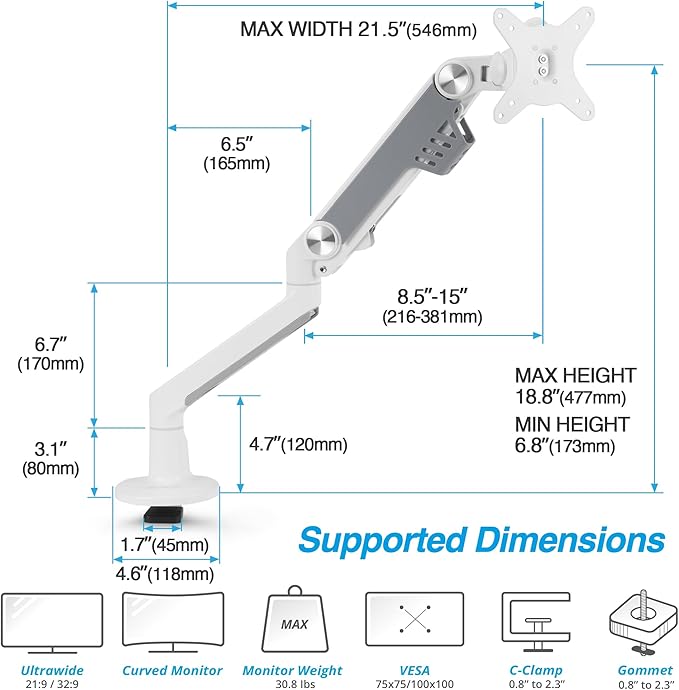 AVLT Single 13"-38" Monitor Arm Desk Mount fits One Flat/Curved/Ultrawide Screen Full Motion Height Swivel Tilt Rotation Adjustable Arm - VESA/C-Clamp/Cable Management - White