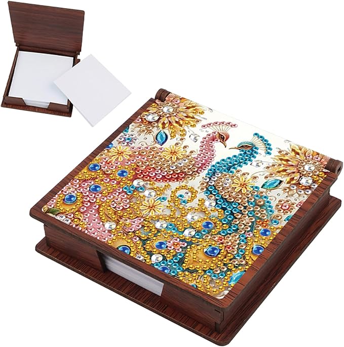 Wooden DIY Red Blue Peacock Diamond Art Notecard Box – DIY Gem Art Sticky Note Holder for Adults 160 Sheets Memo Pad Storage