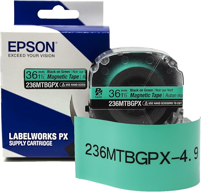 Epson LABELWORKS 236MTBGPX-4.9 Genuine Magnetic Tape Cartridge - Black on Green Magnet Label Maker Tape - 1.5" (36MM) Wide, 4.9 ft, Green