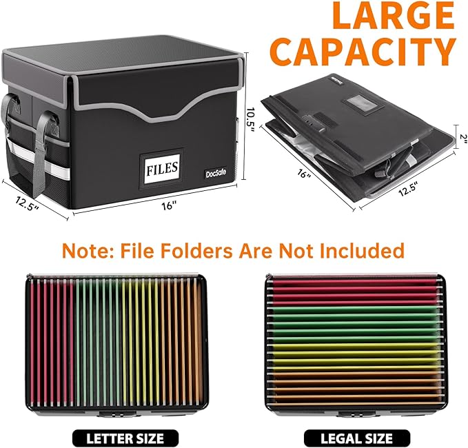 DocSafe 5200°F Fireproof Document Box with Lock,Heat Insulated File Organizer Storage with Pockets,Collapsible Portable Home Office File Safe Box with Handle for Hanging Letter/Legal Folders, Black