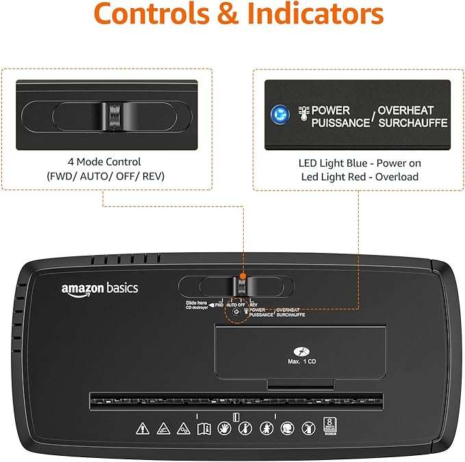 Amazon Basics Paper Shredder for Home and Office, 8-Sheet Strip Cut, CD/ Credit Card Shredder, 3.4 Gallon Wastebasket , Black