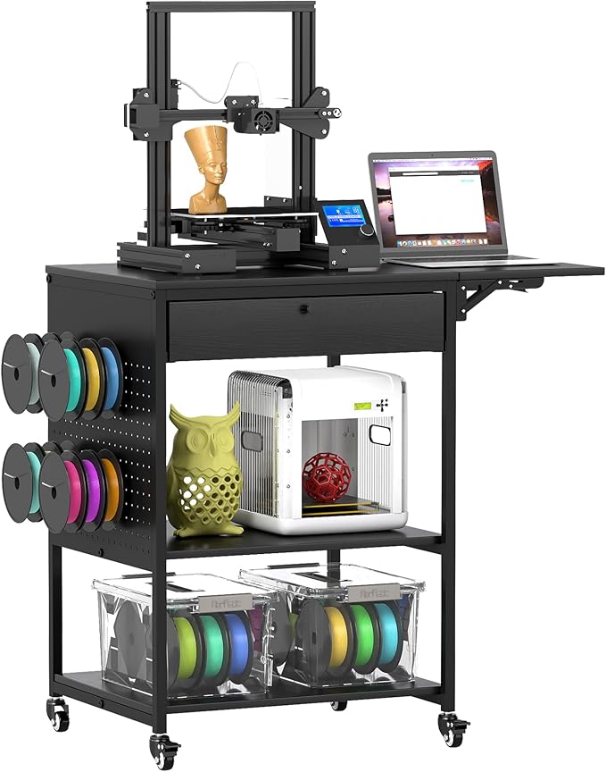 3D Printer Stand with 40pcs Filament Storage,4 Tier 3D Printer Table Printer Stand with Wheels, Heavy Duty Filament Storage Rack with Drawers and Spool Hooks for Studio, Home Office