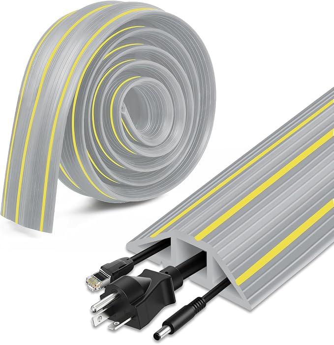 Floor Cord Cover 10 ft, Extension Cord Covers for Wires on Floor, Outdoor Cable Cover Protector Heavy Duty PVC Duct Cord Hider Floor 3 Channels Cable Management, Gray