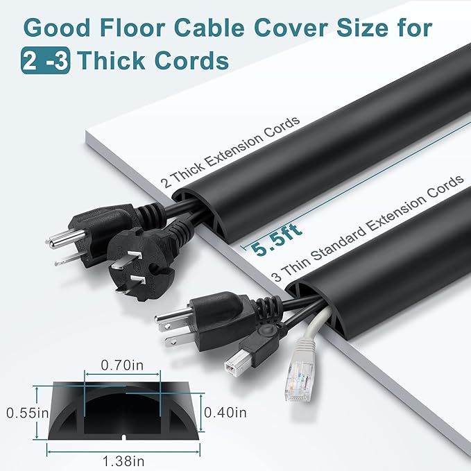 5.5FT Floor Cord Cover, Black Soft Cable Cover Floor, Large Size Extension Cord Covers for Floor, Power Cord Protector Floor Wire Cover - Cord Channel Diameter: 0.7" (W) x 0.4" (H)