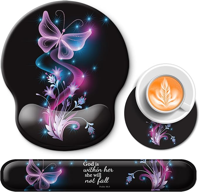 Mouse Pad and Keyboard Wrist Rest Support, with Non-Slip PU Base,Gel Mouse Pad with Coaster,Pain Relief for Gaming, Computer,Office -Vector Butterflies