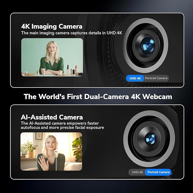 EMEET Piko+ (Piko Plus), World’s 1st Dual-Camera AI-Powered 4K Webcam, 1/2.55'' Sony Sensor, 3 Mics&3 Sound Modes, Panda Magnetic Privacy Cover, USB C-C&C-A, Ideal for Livestreamers