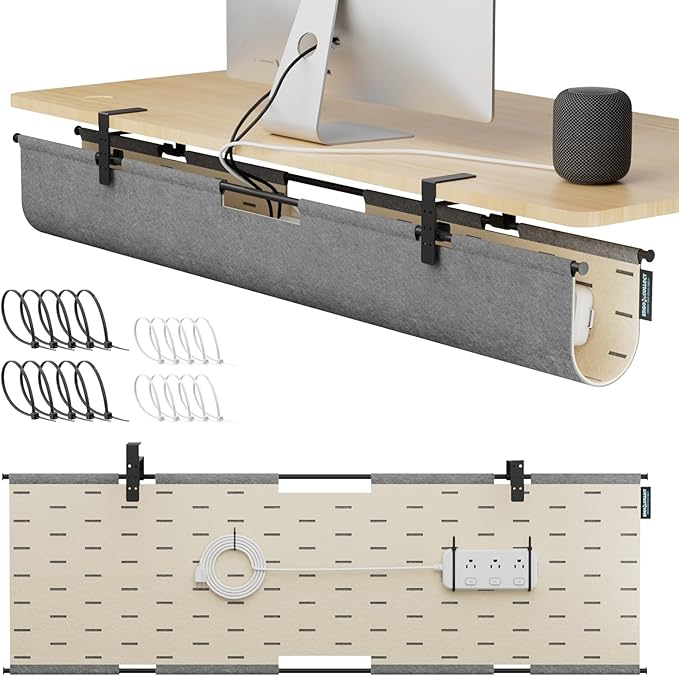2-in-1 Under Desk Cable Management Tray & Privacy Panel, Dual-Sided Felt Cord Organizer to Hide Wires and Clutter, Desk Mount Cord Holder for Office and Home, Clamp or Screw Mount (Gray/Khaki, 45.3")
