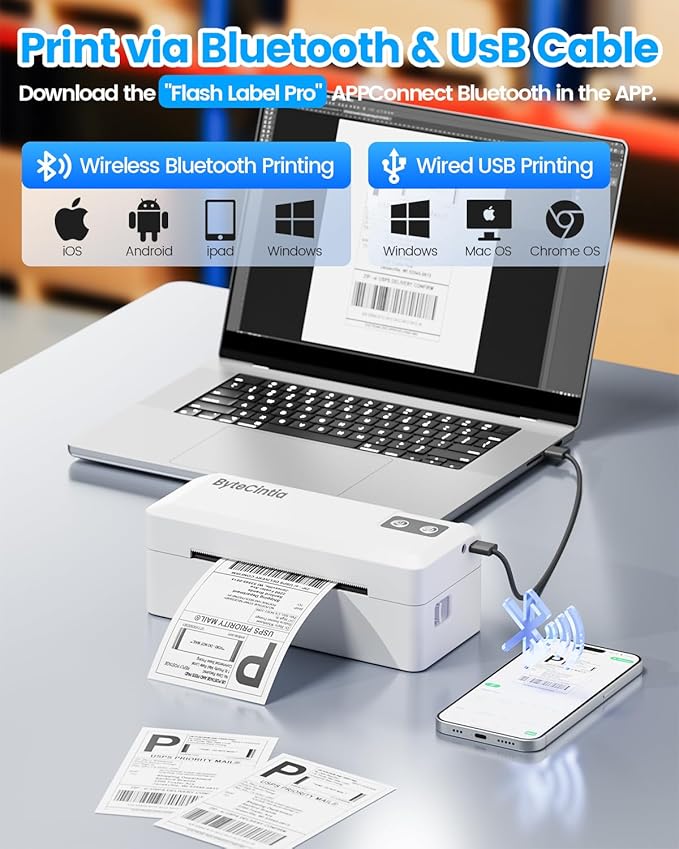 Bluetooth Thermal Shipping Label Printer, 4x6 Shipping Label Printer for Small Business, Support Android, iOS, Windows & Mac, Works with Amazon, Ebay, Shopify, Etsy