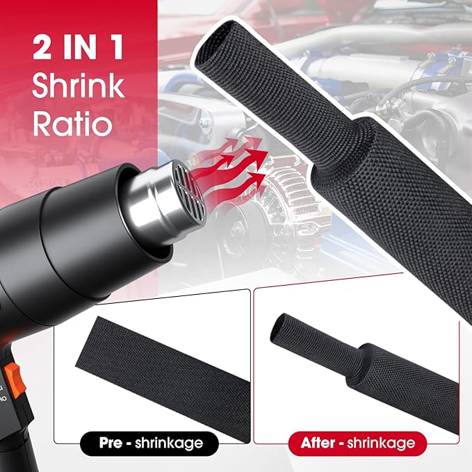 Black 2:1 Ratio Automotive Heat Shrink Braided Sleeving,Wear-Resistant Flat Woven Shrinkable Sleeve Fabric Car Cable Wires Hoses Protection (3/4"-35ft)