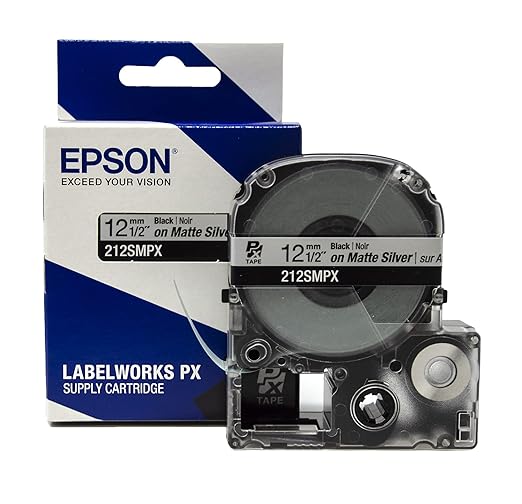 Epson LABELWORKS 212SMPX Genuine PET (Polyester) Tape Cartridge - Black on Silver Matte Label Maker Tape - 1/2" (12MM) Wide, 30'