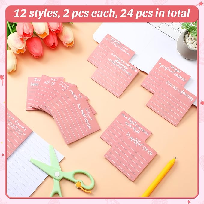 Yinder 24 Pcs Employee Appreciation Sticky Notes New Year Gift Bulk Motivation Sticky Note Pads Inspirational Gift for Teacher Nurse Staff Coworker Office Supply 3 x 3'' (Appreciation,Pink)