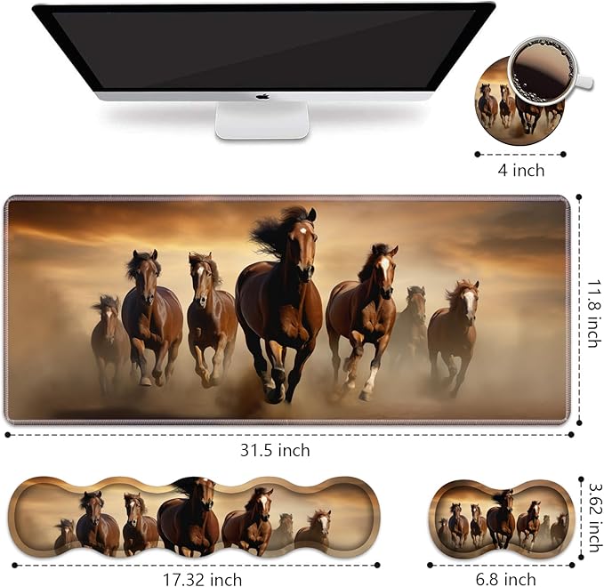 Ergonomic Keyboard Wrist Rest and Mouse Pad Wrist Rest Set, Large XXL Gaming Mousepad 31.5"x 11.8", Memory Foam, Easy Typing Pain Relief, Multifunctional Desk Mat for Office & Home, Galloping Horse