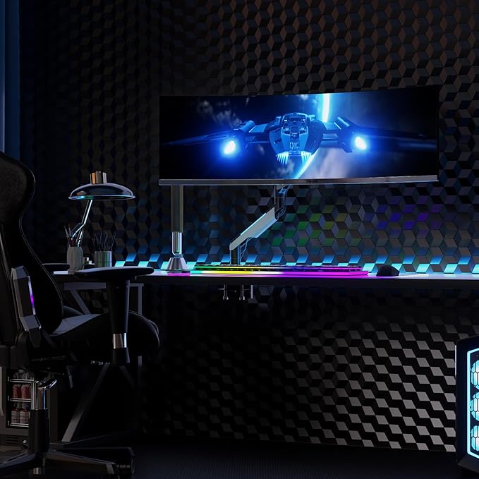 Mount-It! Heavy-Duty Ultrawide Monitor Arm up to 49" / 44 lb for Samsung Odyssey G9, 75x75 and 100x100 VESA Desk Mount for Widescreen Curved Monitors, Gas Spring, RGB Lights, Clamp and Grommet