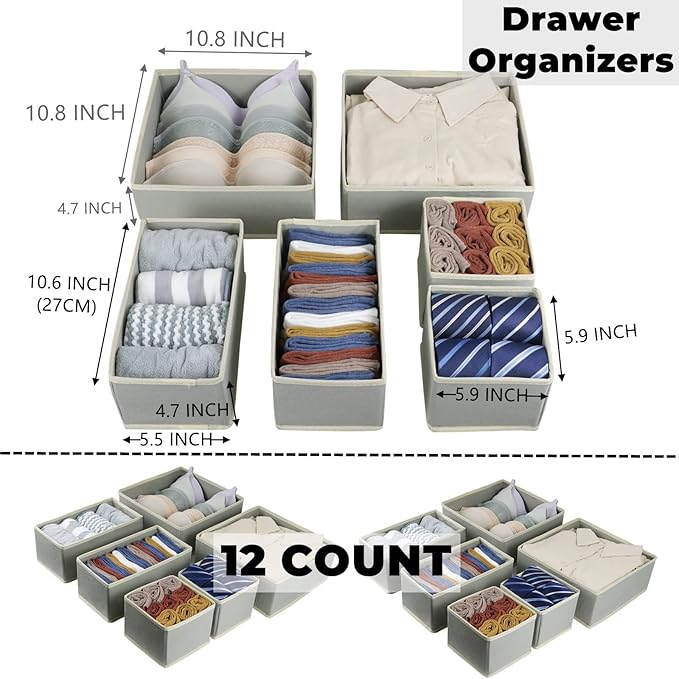 12 Pack Drawer Organizer Clothes, Foldable Fabric Dresser Organizer Closet Organizers and Storage Box for Underwear,Folded Clothes,Baby Clothing,Socks,Bra,Towels,Ties(12 Pack,Gray)