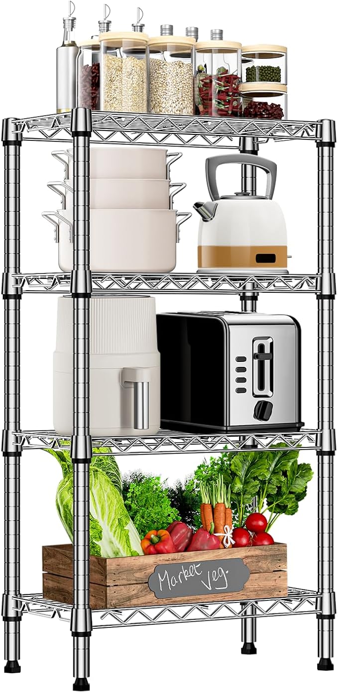 1000 lbs 4 Tier Shelf Metal Storage Shelves Wire Rack Closet Organizers with PP Board for Garage Kitchen Bathroom Laundry Chrome 11.8" D x 21.7" W x 39.5" H