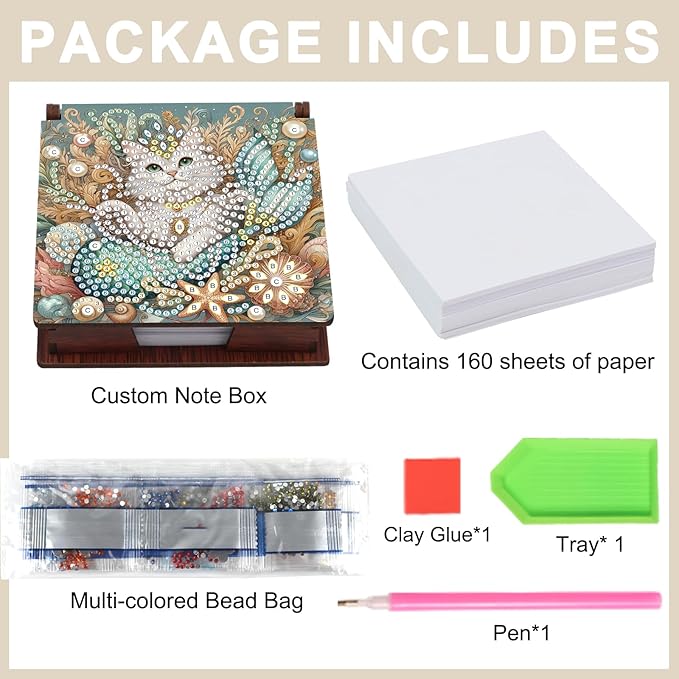 Wooden DIY White Cat Diamond Art Notecard Box – DIY Gem Art Sticky Note Holder for Adults 160 Sheets Memo Pad Storage