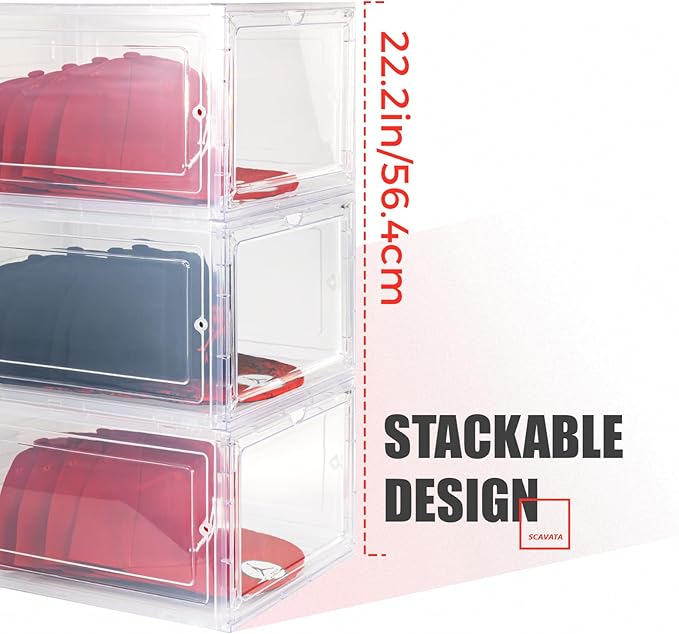 6 Pack Hat Organizer Box, Stackable Clear Baseball Caps Holder Box Containers with Magnetic Door for Hats Snapback Cap Storag, Hat Rack Display Case, Holds 8 Hats Each (Clear)