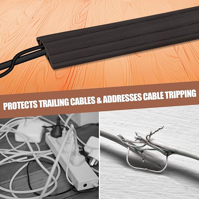 Floor Cord Cover Self Adhesive Cord Hider,3.3FT Cable Management, Extension Strip Protector for Wires, Prevent Cable Trips for Offices, Gyms, Exhibitions Cavity:0.39"(W) x 0.27"(H) Black Wood