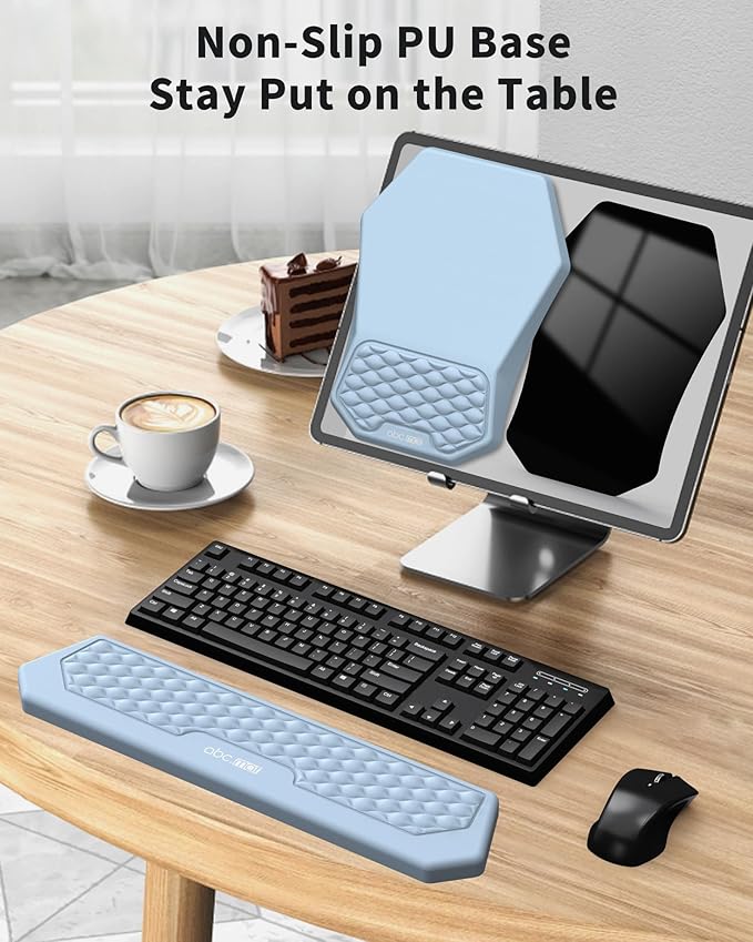 Ergonomic Mouse Pad and Keyboard Wrist Rest Support Set, Massage Design Mousepad for Carpal Tunnel Pain Relief, Memory Foam, Non-Slip PU Base for Computer Desk, Baby Blue