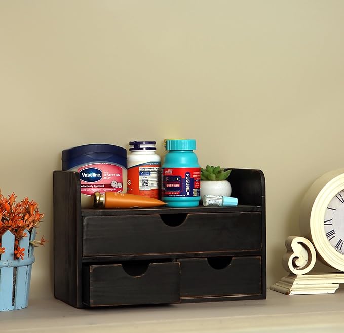 Vintage Rustic Wooden 3 Drawer with Shelf Office Desk Organizer & Mail Rack For Desktop,Box for Office Home Toiletries Supplies Vanity, No Assembly Required (Rustic Black)