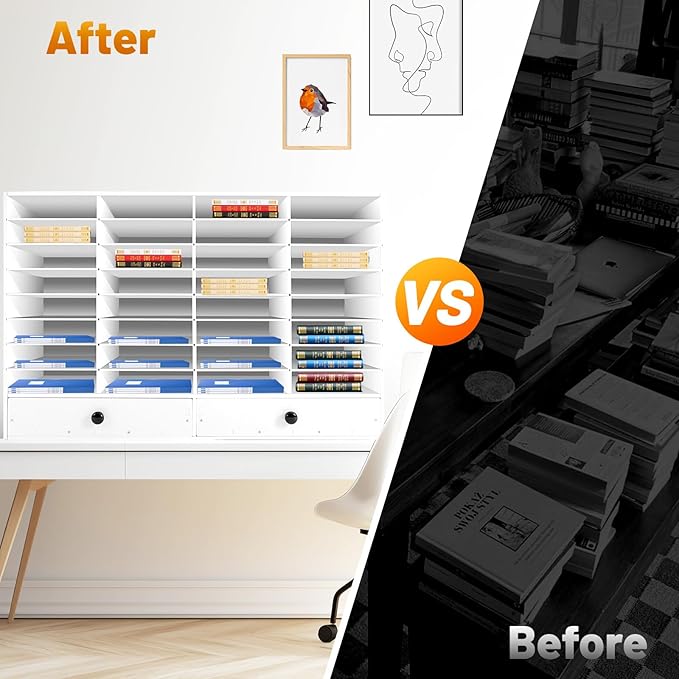 DYRABREST 32 Slot Literature Organizer Adjustable Desktop File Sorter with 2 Drawers, Stackable Office Mail Sorter 32 Compartments Magazine Holder Paper Storage Cabinet for Office Home School